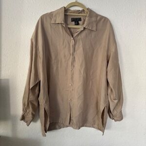 BOGARI STUDIO Vintage Mens Tan 100% Silk Long Sleeve Button Up Shirt Size L‎